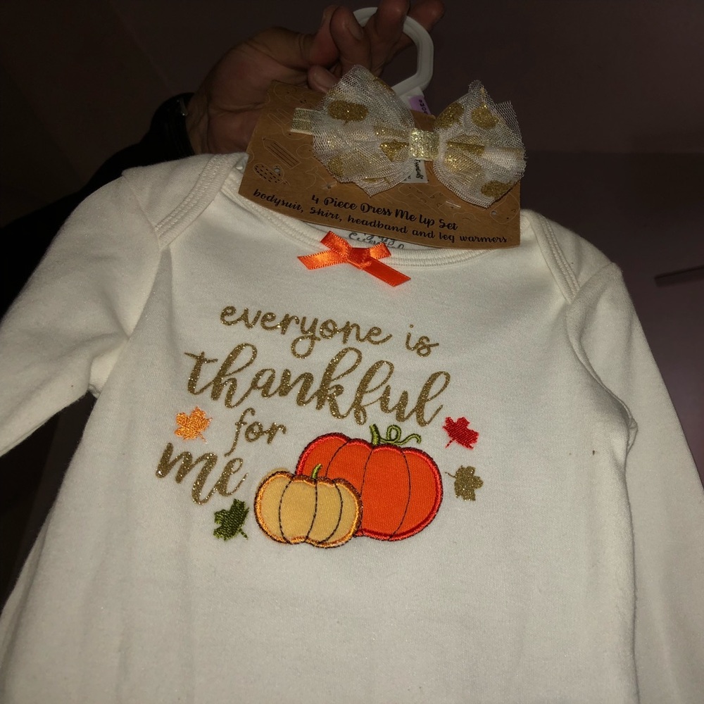 Baby’s Thanksgiving outfit so cute hair bow and leggings warmers